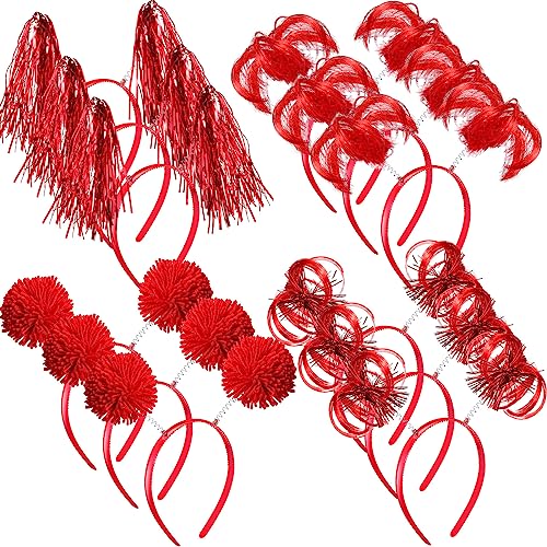 Censen 12 Pcs Pom Pom Party Headbands Tinsel Wrapped Ponytails Headbopper Headwear for Birthday Holiday(Red)