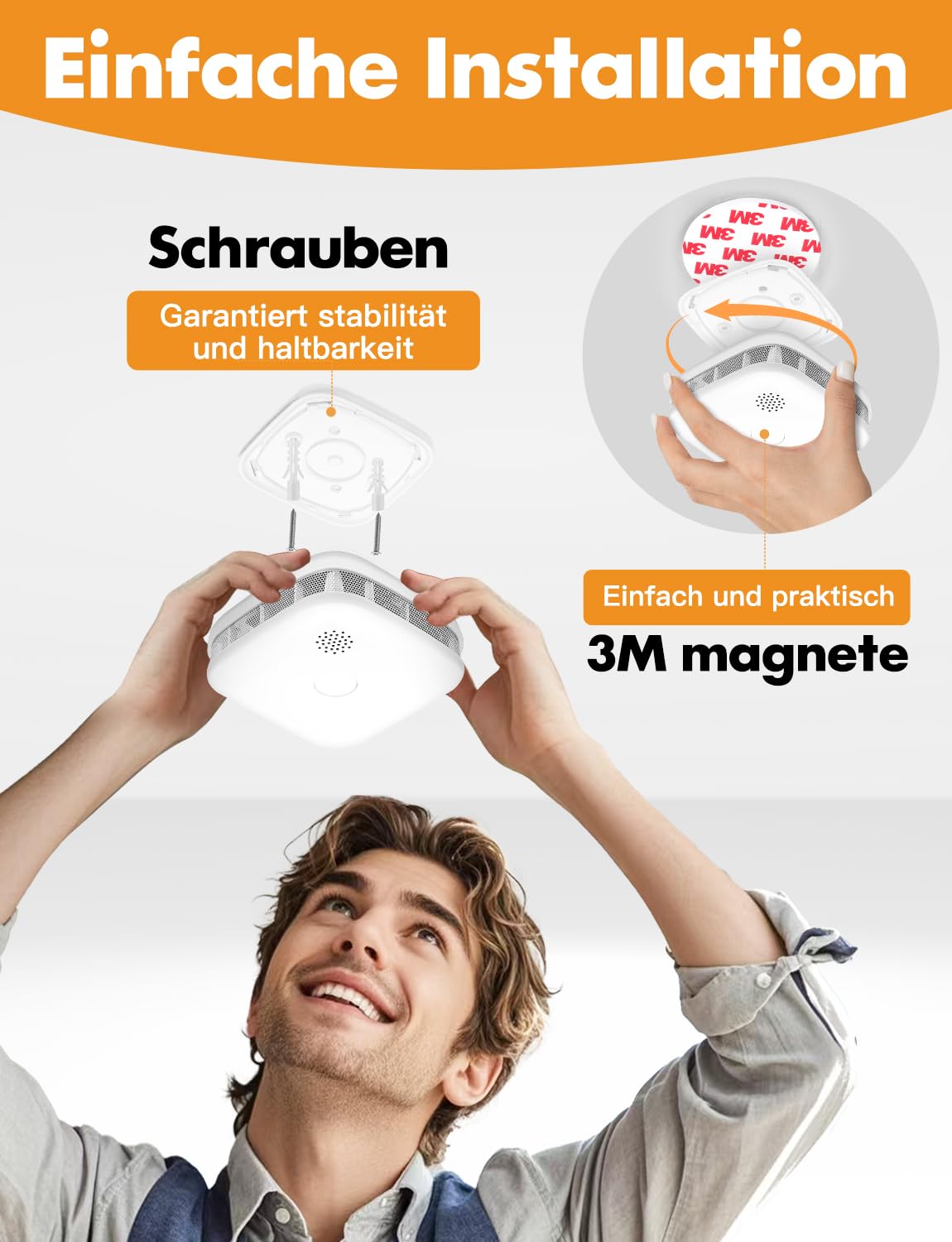 Rauchmelder 10 Jahre Batterie für Zuhause,Mini Rauchmelder Batterie Austauschbar,Feuermelder mit Fotoelektrischem Sensor,Test-/Stummschalttaste,Entsprechend EN14604,Standalone,Weiß Matter