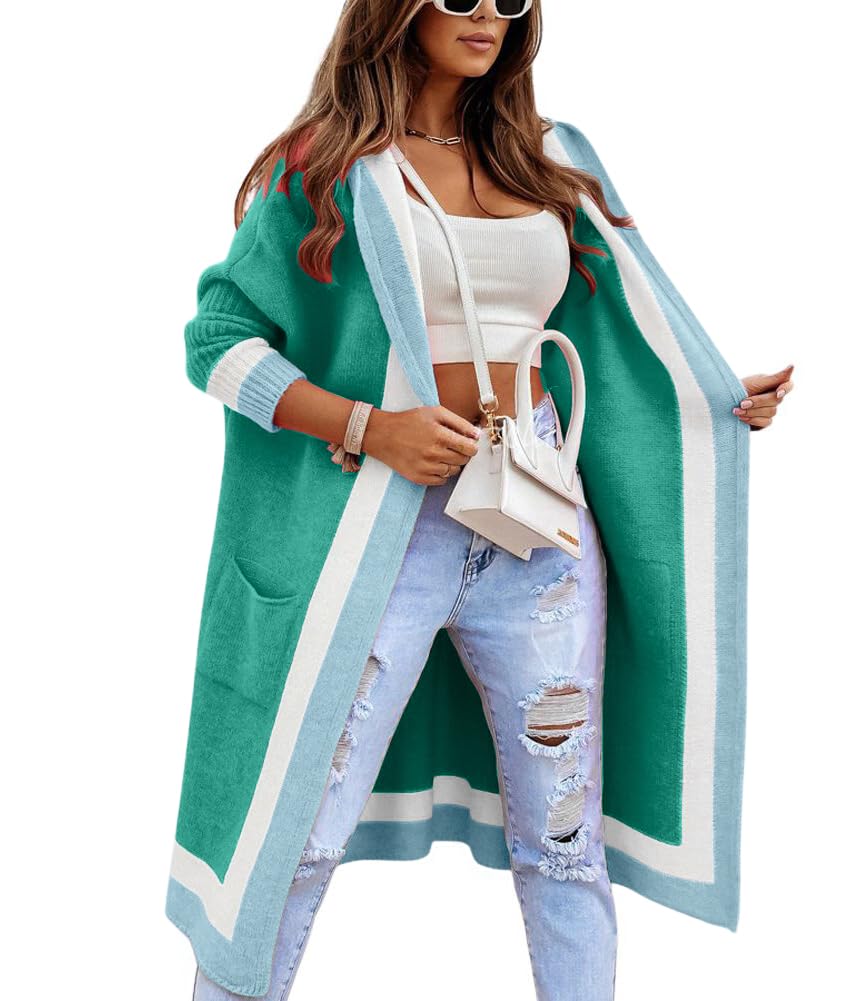 chouyatou Women's Color Block Vertical Striped Open Front Oversized Hooded Long Cardigan Sweaters with Pockets: Medium Mint Green