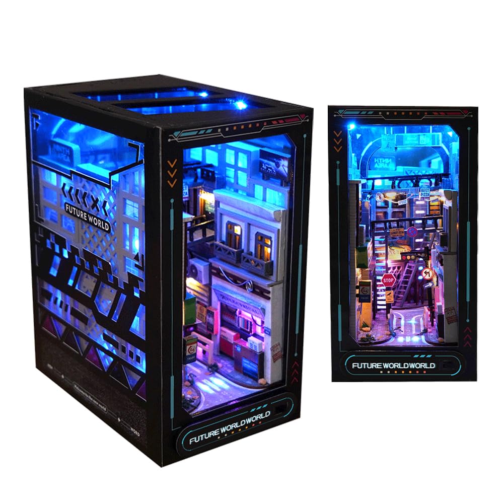 Diymnhaus-DIY Book Nook Kit Adult 3D Wooden Puzzle Kit Bookhouse Model Building Kit with Lights Adult DIY Dollhouse Set (Near Future Bookhouse)