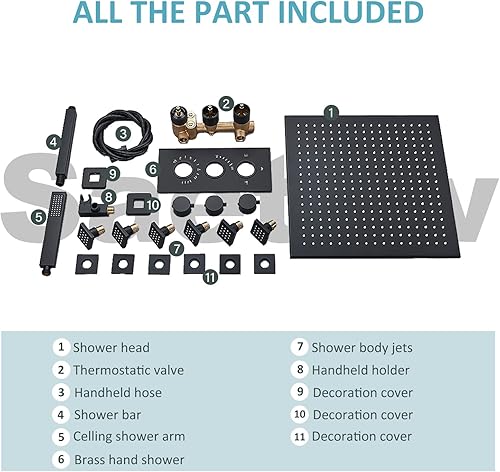 Miniatura 8 de Sistema de ducha de chorro corporal de 16 pulgadas con válvula mezcladora termostática y 6 aerosoles corporales de masaje y ducha de mano juego