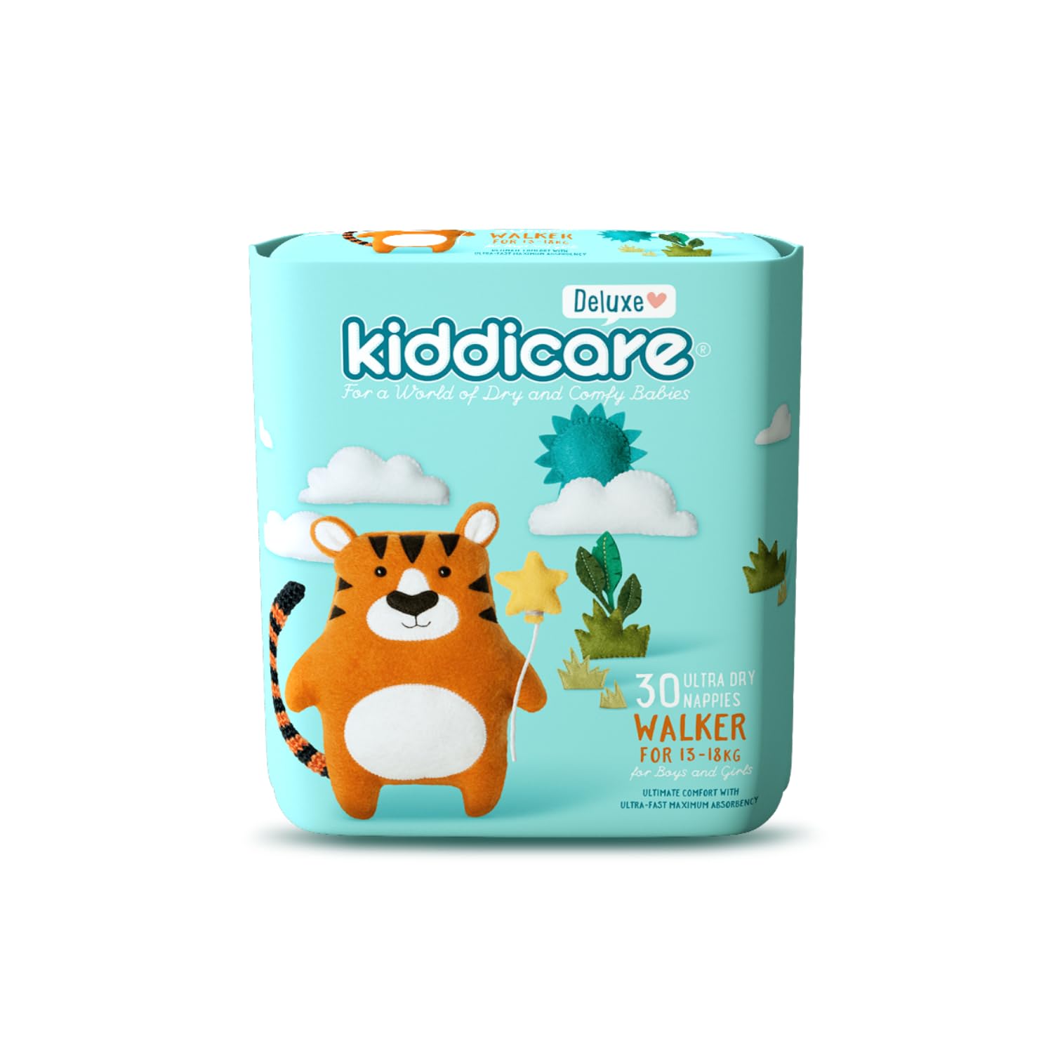 KiddicareBaby Deluxe Walker Diaper Nappy, Size 5, 30 Count, Leakage Protection, 13-18 kg, Anti Rash, 12 Hours Absorption, Cottony Soft Ultra Fast High Absorb Technology (Pack of 1)