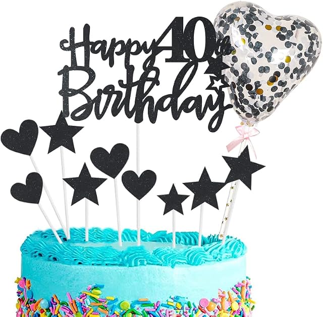 11pcs Black Happy 40th Birthday Cake Toppers,Personalised Cake Topper for Man&Woman,40th Birthday Cake Decorations Glitter Cupcake Toppers Cake Toppers Kits 5 Star 4 Heart with Balloon