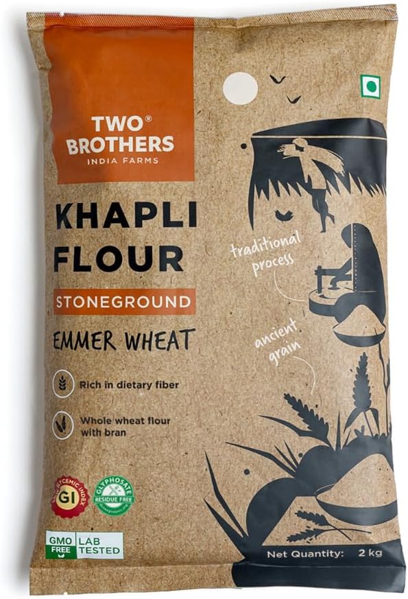 - Two Brothers Khapli Wheat Flour (2kg) | India's Only Certified Glyphosate Free Atta | Low-Gluten Wheat Flour | High Dietary Fiber for Easy Digestion | Stoneground Emmer | Khapli Atta