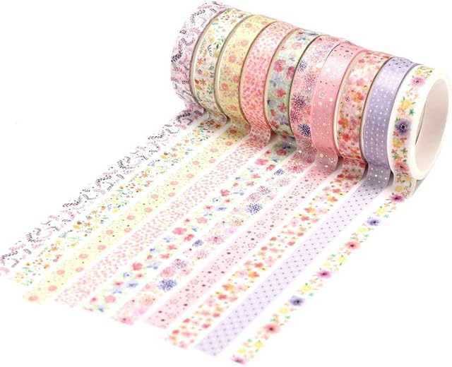 YUBX Skinny Gold Washi Tape Set Foil Decorative Tape for DIY Crafts, Bullet Journals, Planners, Scrapbooking, Wrapping (Flower Theme)