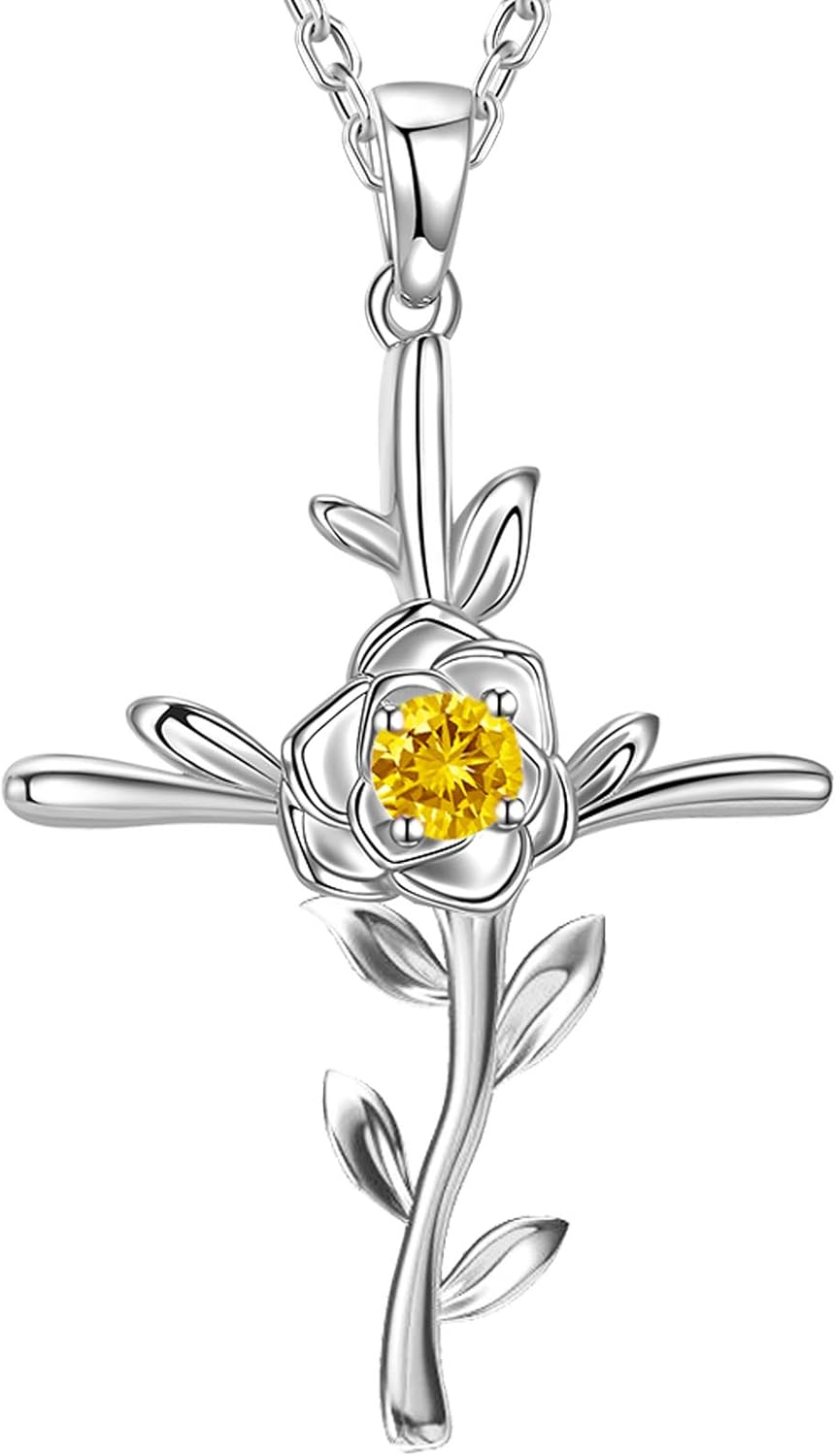 GinoMay Mothers Day Birthday Gifts for Women November Birthstone Necklace Citrine Mum Wife Love Rose Flower Jewellery Her Sterling Silver