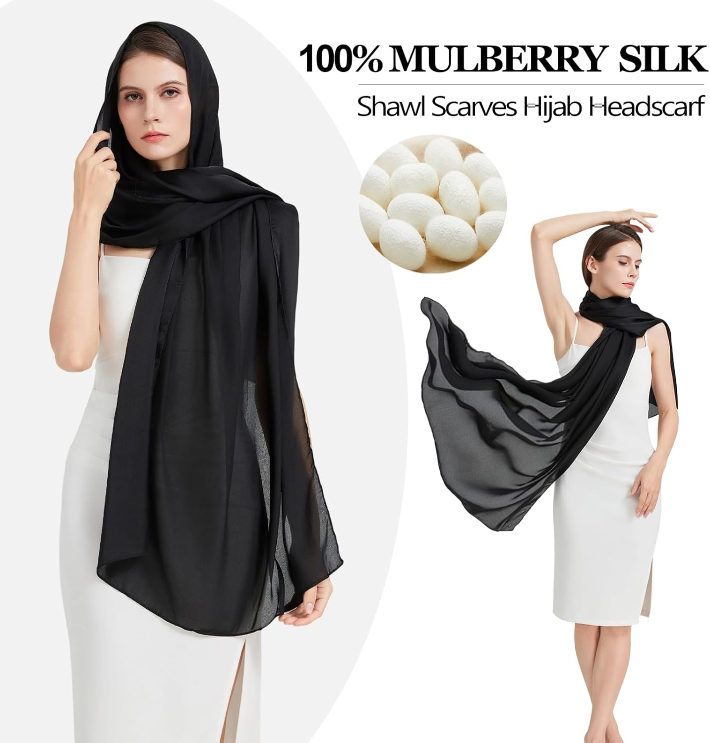 black silk scarf for women-ladies spring fall summer long 100% mulberry silk neck scarf hijab travel beach shawl wrap(CJ-Black) - Image 3