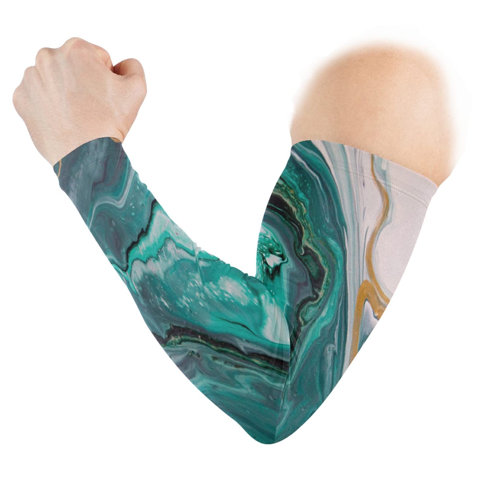 Beige Teal Turquoise Paint Splash Abstract Marbling Marble Fluid 1 Pair Cooling Sports Arm Sleeves, Cover Uv Sun Protection Warmer for Sports Men Women Running Golf Cycling Riding Jogging