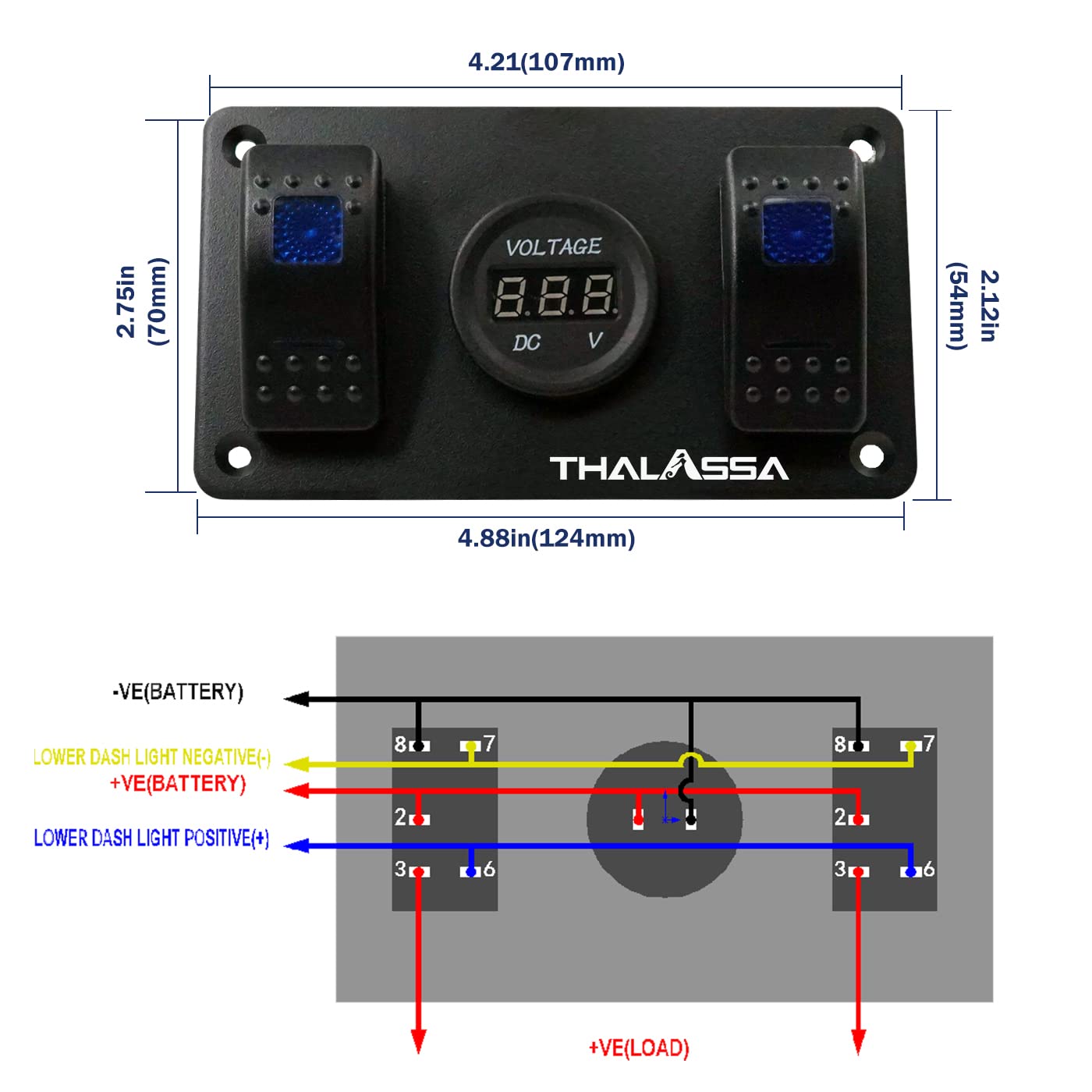 THALASSA Marine Boat Rocker Switch Aluminum Panel Waterproof with 2 Gang Blue LED On-Off Switches, and Digital Voltage Display, Work with Car, Truck, Rv Vehicles, Yacht, Van, Caravan, Camper