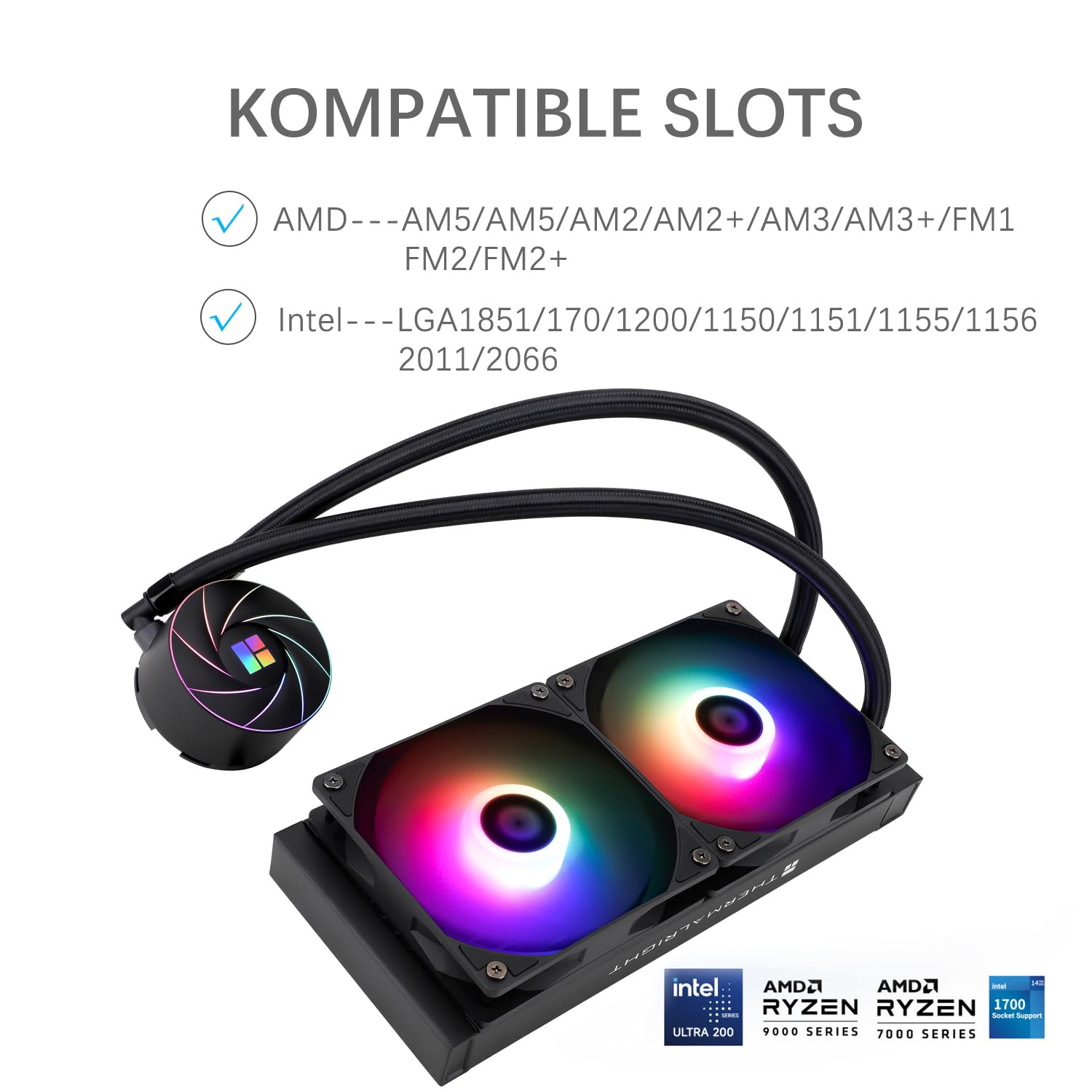 TR-Thermalright AQUA ELITE 240 ARGB, Enfriador líquido para CPU, Refrigeración AIO de 240 mm,Doble ventilador PWM de bajo ruido con ARGB,Para AM4/AM5,Intel LGA1851/1700/115x/1200, Negro