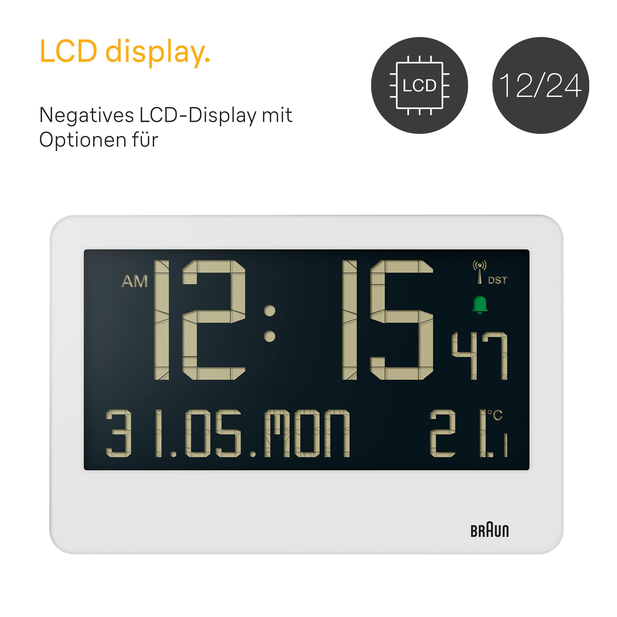 Braun Central European Time Zone (DCF) Digitale Funkwanduhr mit Innentemperatur, Datum, Wochentag, großem umgekehrtem LCD-Display, Crescendo-Piepton-Alarm in Weiß, Modell BC14W-DCF.