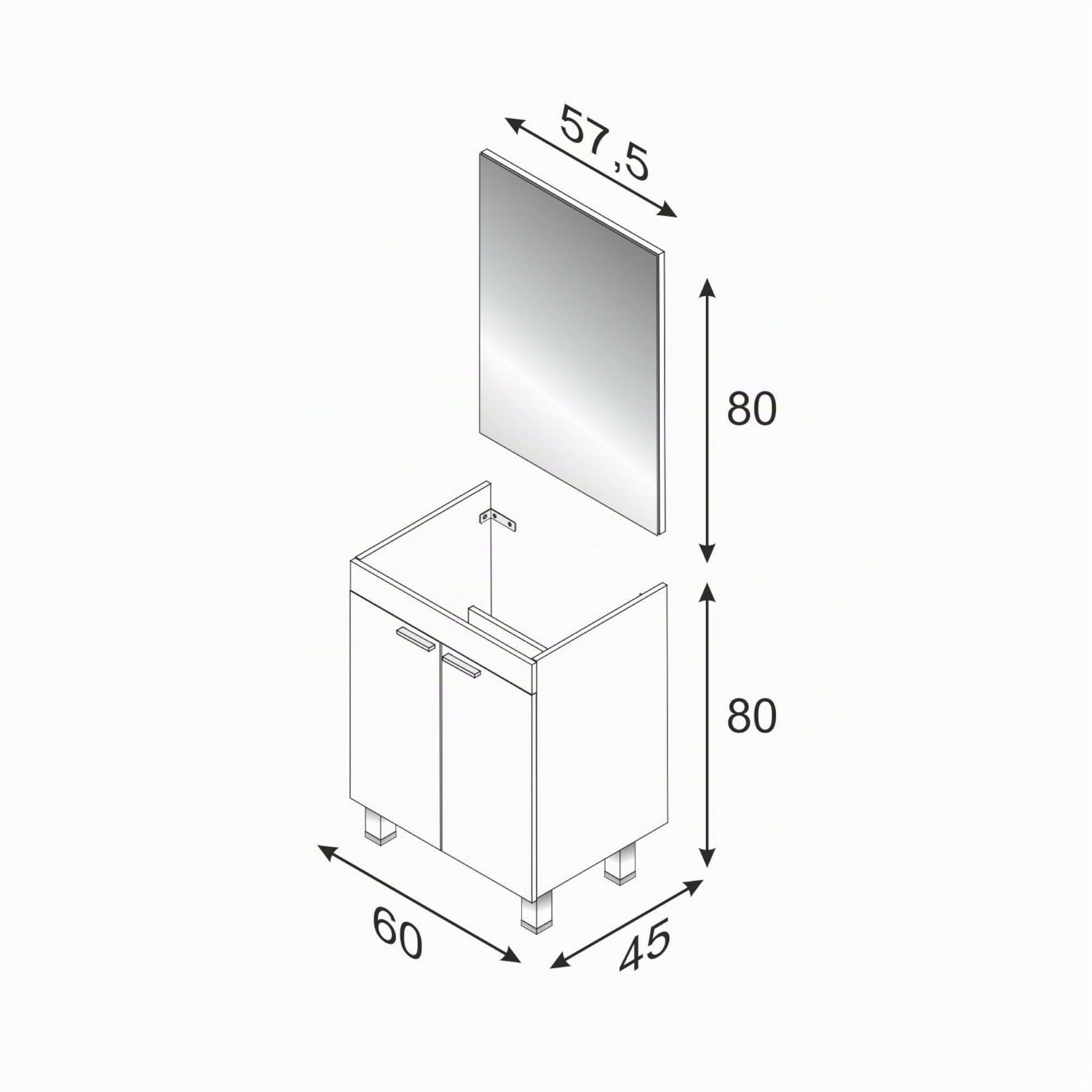 Dmora - Mobile sotto lavabo NewYork, Mobiletto per bagno, Armadio a 2 ante con specchio, 60x45h80 cm, Bianco lucido
