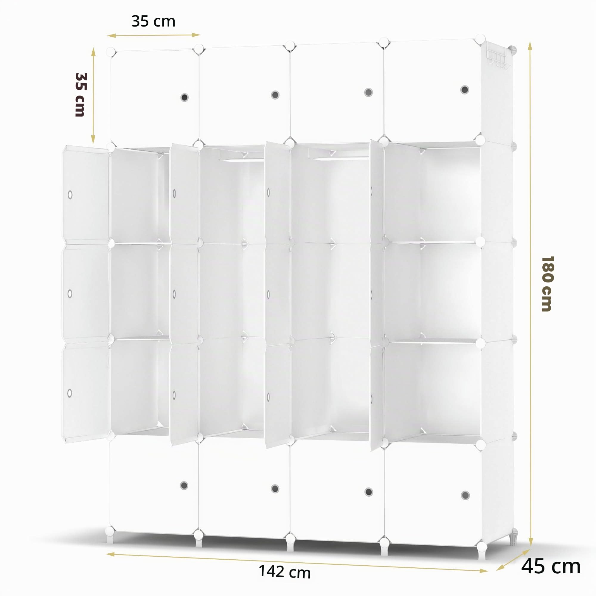 Homidec, Armario guardarropa modular portátil de 20 cubos con 3 barras para colgar ropa, 35 x 45 cm, compartimentos más profundos de plástico para montar, mueble para dormitorio, blanco