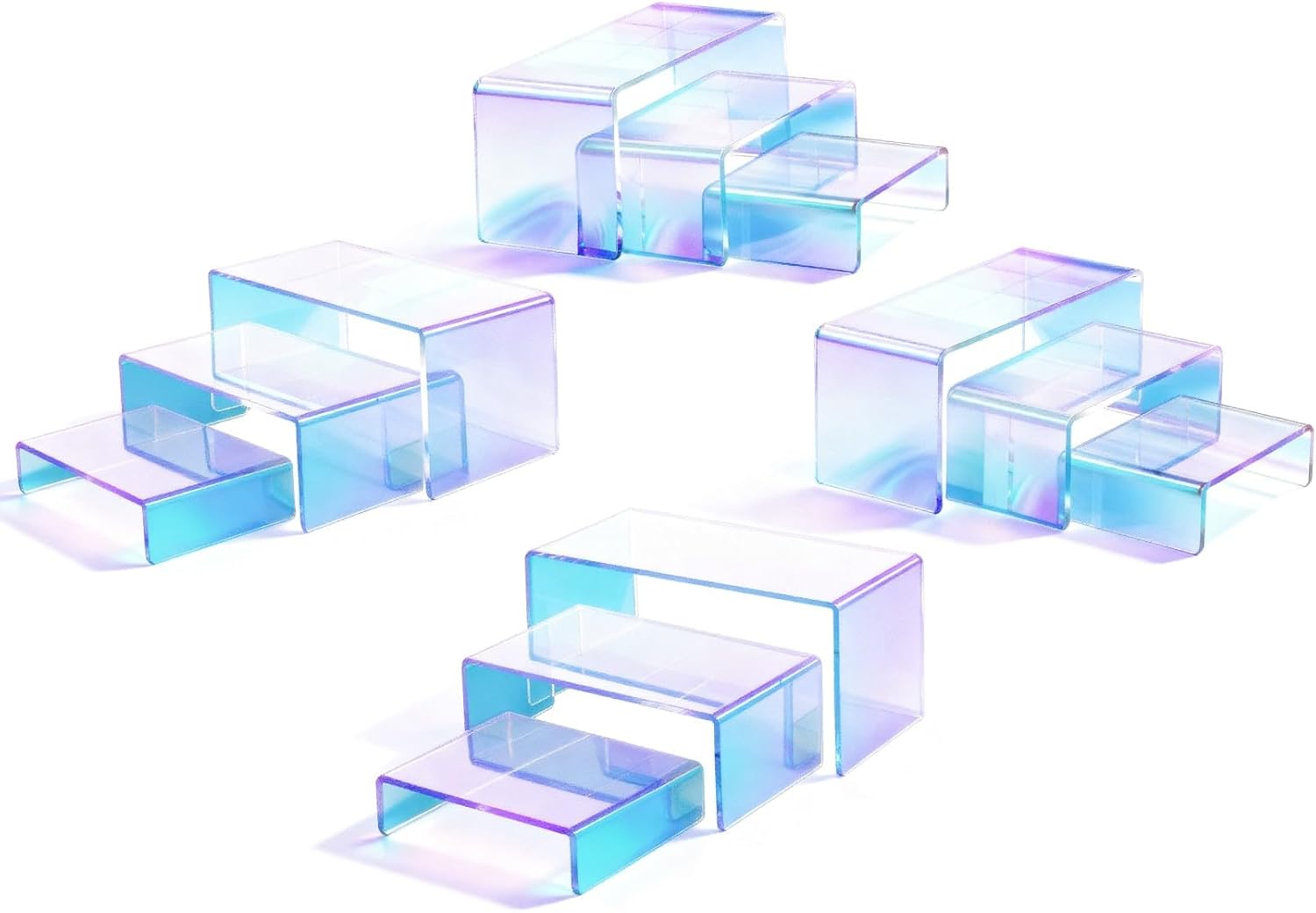 Stackable Acrylic Display Risers, 4 Sets 12 Pieces Clear Riser Stands, 3-Tier Iridesc Stair Stands for Cupcakes, Jewelry, Makeup - Waterproof & Easy Clean, Space-Saving Nesting Design (3 Sizes)