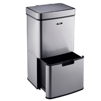 Cooks Professional Recycling Sensor Bin 75L with Dual Compartments and Removable Food Caddy for Kitchen | Smart Automatic Brushed Stainless Steel Bins | Silver