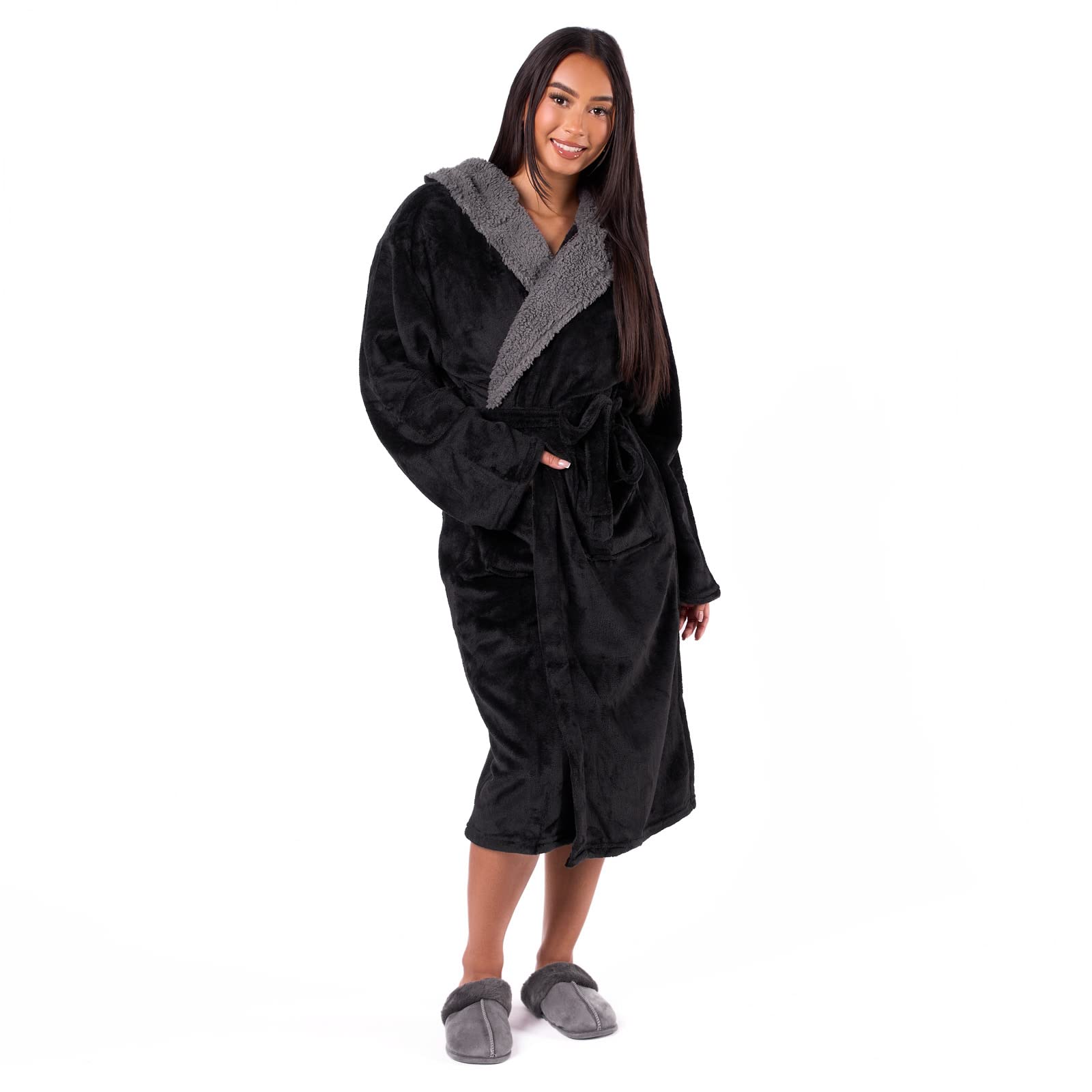 Sienna Women's Black Ohs Mens Dressing Gowns, Gifts For Men Super Soft Warm Flannel Fleece Hooded Bathrobe With Pockets Fluffy Sherpa Lined Luxury Oversized Dressing Gown One Size