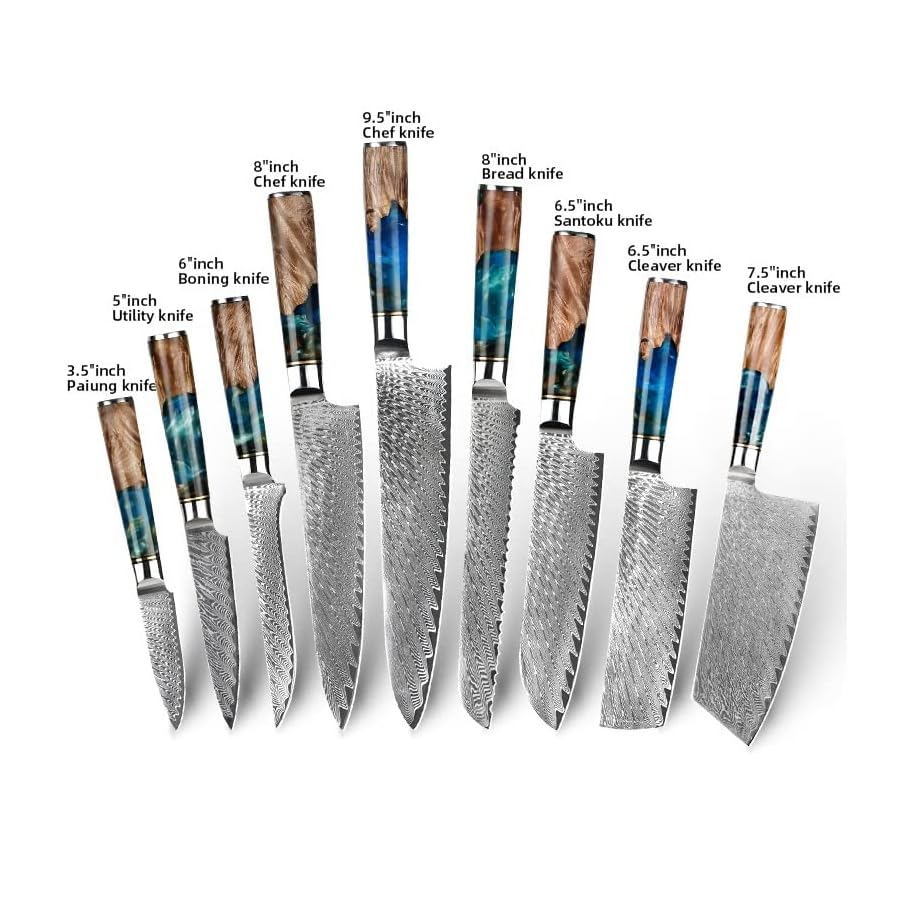 Knife-Sets-9-PCS-Kitchen-Knives-Set-Damascus-Steel-VG10-Chef-Knife-Cleaver-Paring-Bread-Knife-Blue-Resin-and-Color-Wood-Handle Knife Sets, 9 PCS Kitchen Knives Set Damascus Steel VG10 Chef Knife Cleaver Paring Bread Knife Blue Resin and Color Wood Handle