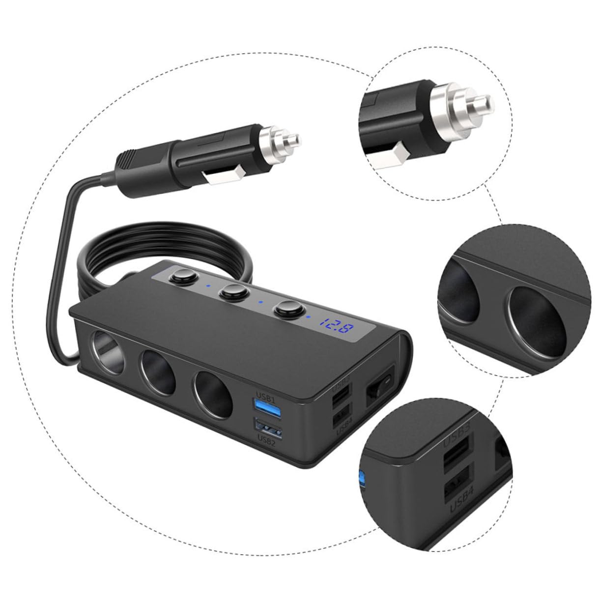 180w Cargador De Coche Puertos Mechero y Puertos USB Adaptador De Extensor De Salida De Energía para Vehículos Protección Inteligente
