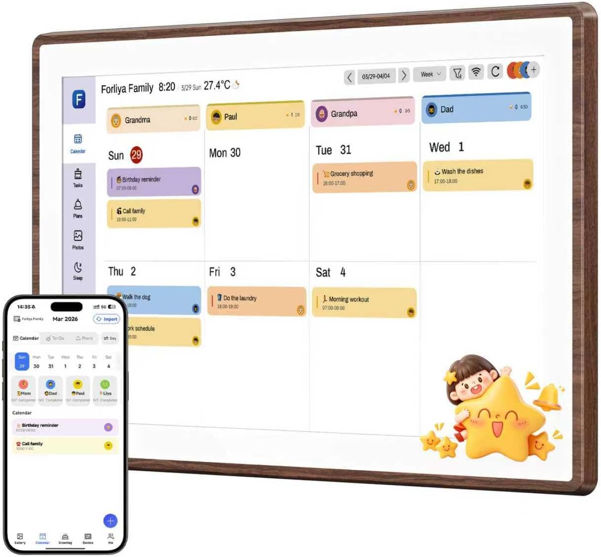 ANKRA 15.6" Digital Family Calendar : No-Subscription Smart Wall Planner, Real-Time Sync, App Voice Reminders, Meal Planner & Chore Chart with Rewards, AI Photo Hub, Gift for Families (Walnut)