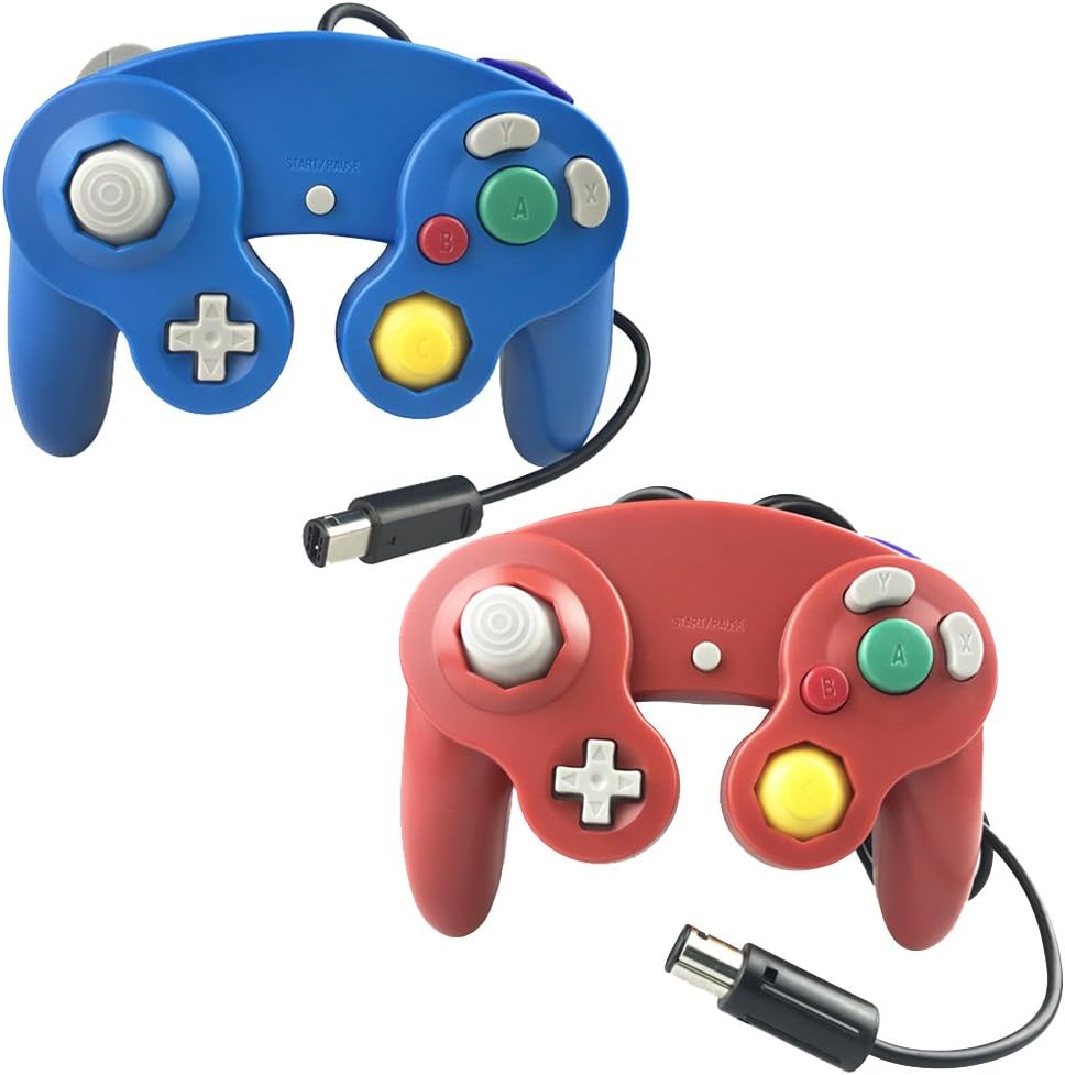 2 Pack Wired Controller for Gamecube NGC Wii Video Game （Blue and Red）