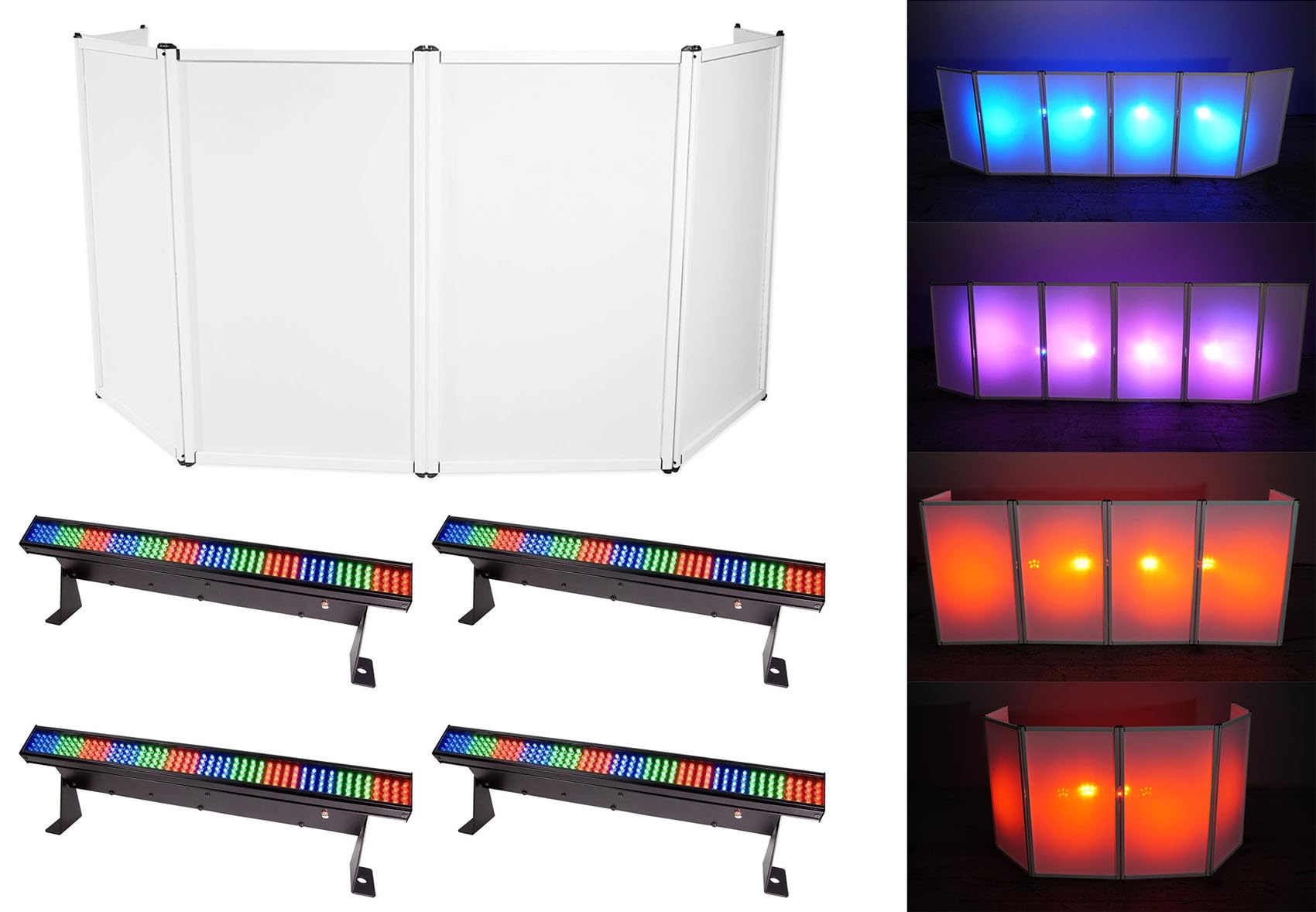 Rockville Bundle: (1) RV RFAAW DJ Metal Frame Booth+Travel Bag+Scrim bundle with (4) Chauvet COLORSTRIP MINI DMX LED Color Strip & (2) RV RAPFAW White DJ Facade Extension (Items 7)