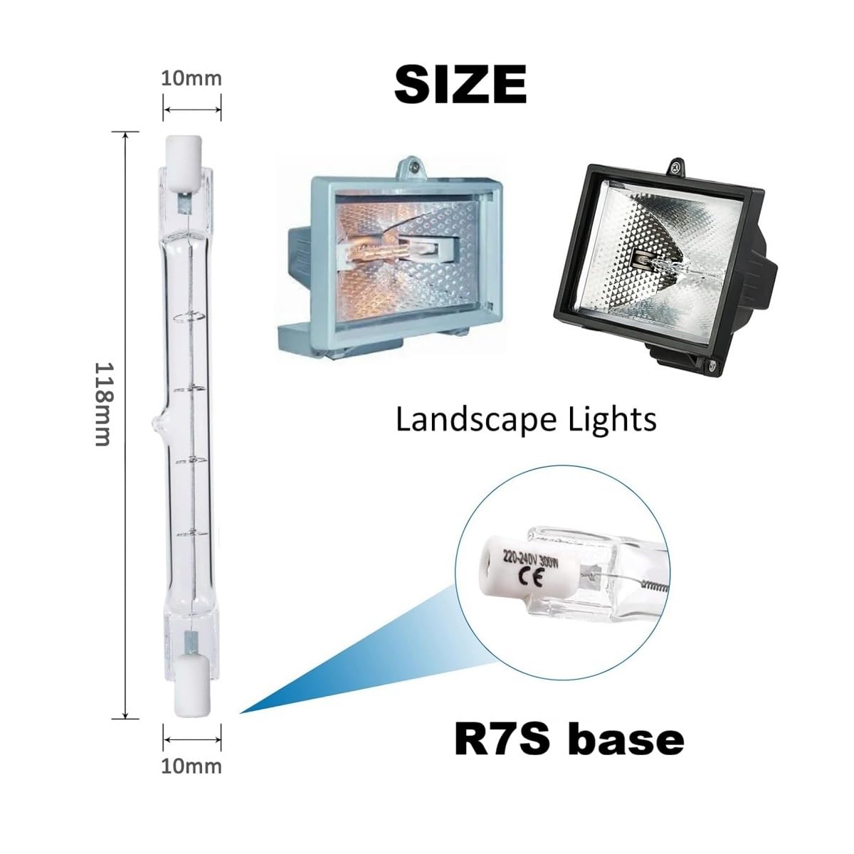 R7S lampadina alogena 118mm 300w,lampadine alogene lineari T3 a doppia estremità 2700K,flood dimmergibile tipo J per lampada da terra,illuminazione paesaggistica (300W-20pcs/118mm-110v)