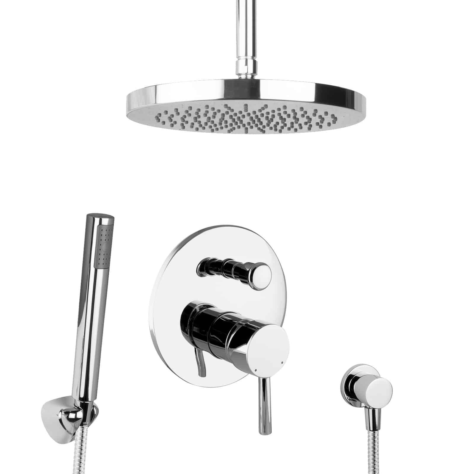 Ducha de Lluvia Empotrada Set Redondo, Cabezal Ø 24,5 cm, Latón Cromado, Brazo de Techo 30 cm, Instalación en Pared