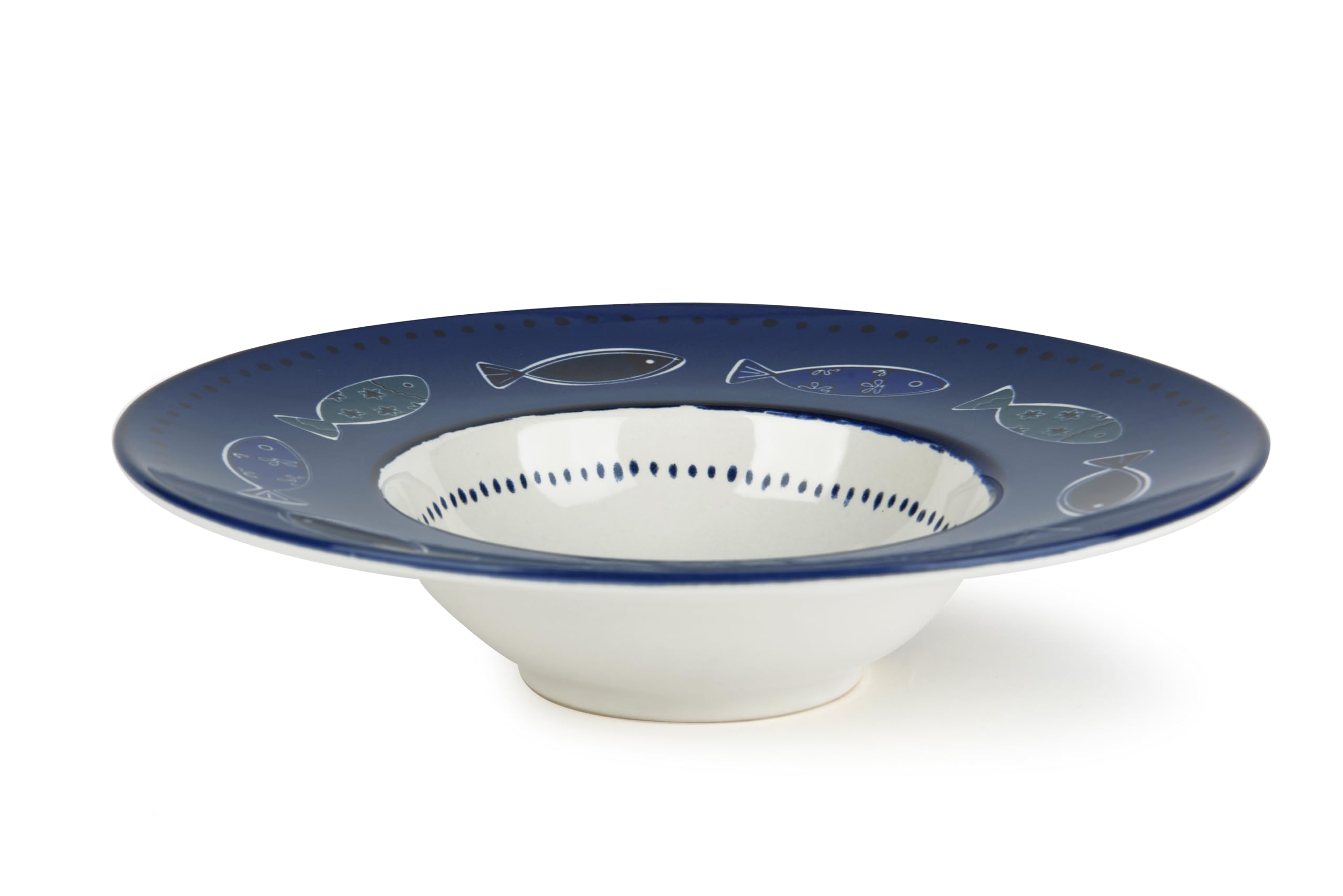 Excelsa Ocean Lot de 6 assiettes creuses en céramique avec motif poissons, bleu et blanc