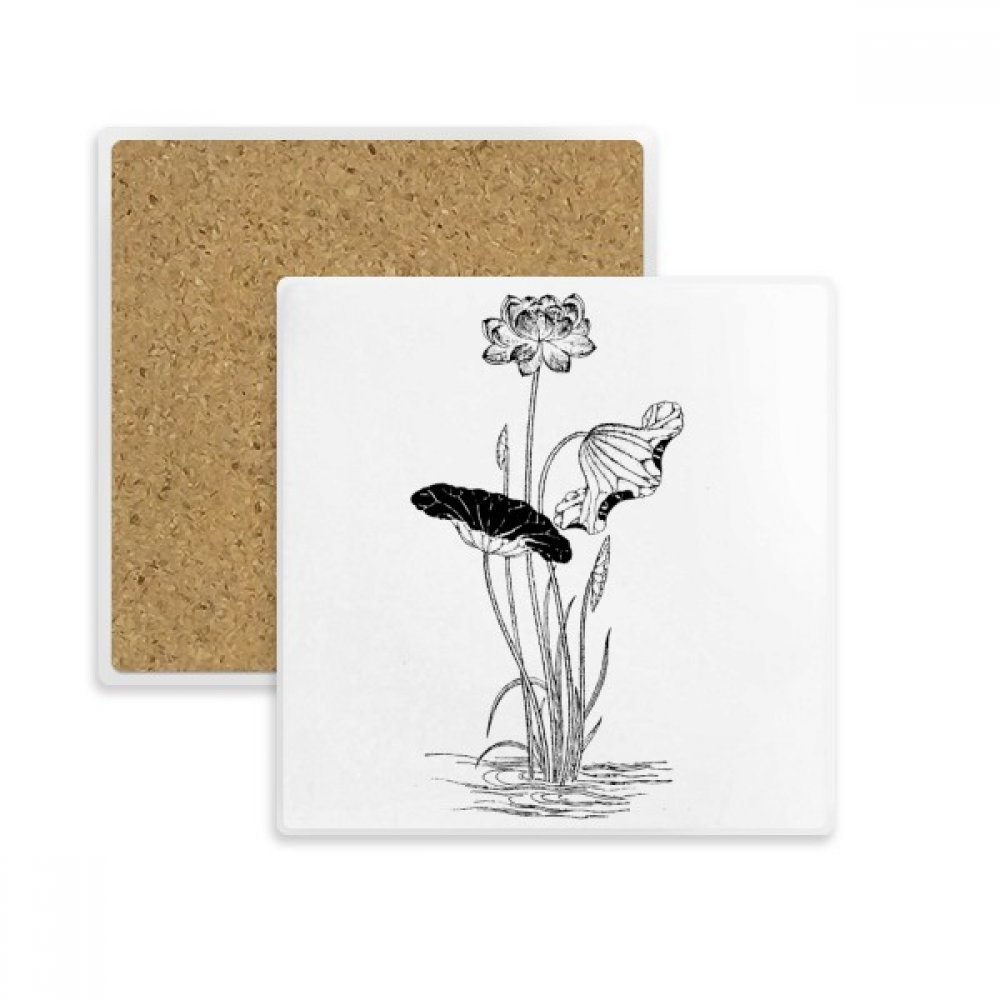 Dessous de verre carré lotus noir et blanc en pierre absorbante
