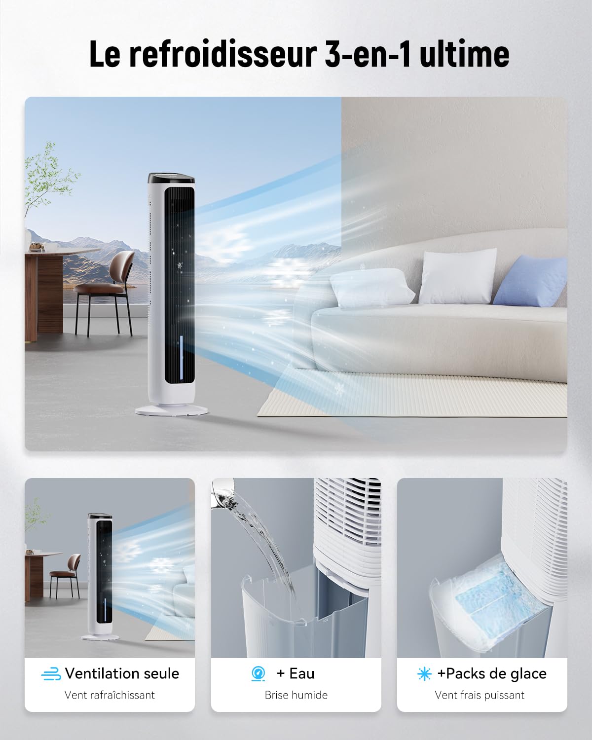 Ventilateur Colonne avec Refroidissement par eau, packs de glace, minuterie 12-H, 4 modes, 3 Vitesses, Oscillation à 80°, Refroidisseur d'air par Évaporation Portable avec télécommande, pour chambre à