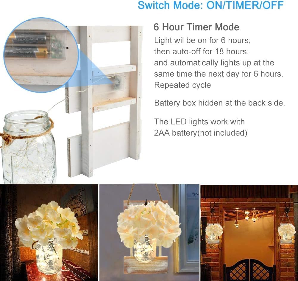 Alitamei Rustic Mason Jar Sconces for Home Decor, Decorative Hanging Mason Jars Wall Sconces Decor with LED Fairy Lights 6-Hour Timer Silk Hydrangea Flowers for Farmhouse Home Wall Decor (Set of 2)