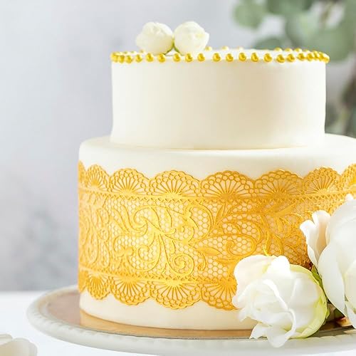 Miniatura 9 de Encaje prefabricado para tartas  ORO  Decoración de encaje comestible para tartas  Decoración de azúcar para pasteles  Cinta comestible  Incluye 3