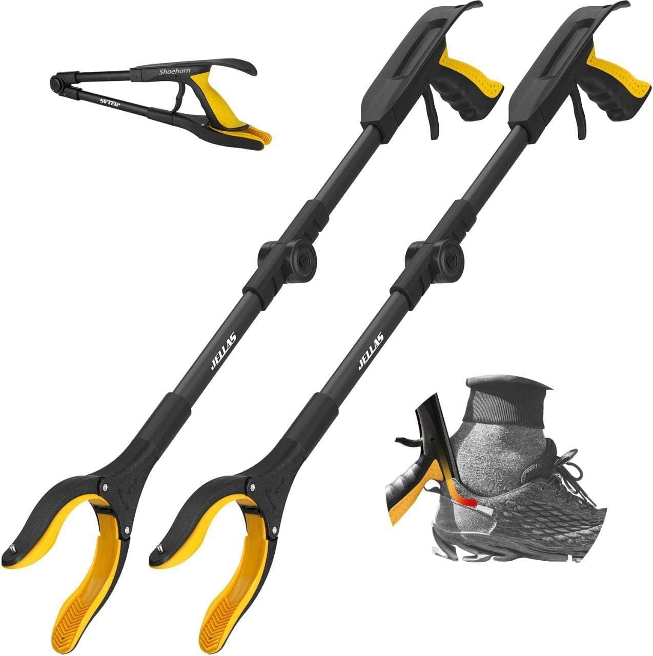 Jellas 2 Stück Faltbare Greifer mit Schuhlöffel, 0°- 180° abgewinkelter Arm, 80cm Langer Greif-Werkzeug mit Magnetspitzen für die Müllabfuhr, Abfallsammlung, Armverlängerung, RGDF01 (gelb)