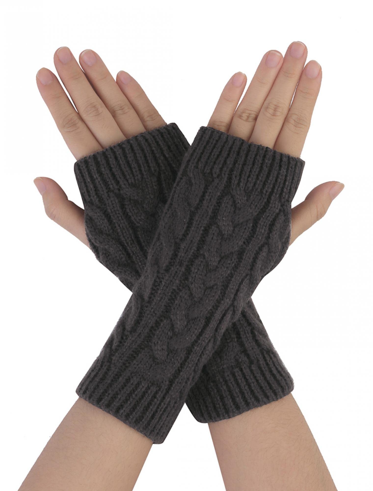 Allegra K Women's Dark Gray Sourcing Map Ribbed Wrist Arm Warmers Stretchy Cable Knitted Fingerless Gloves One Size