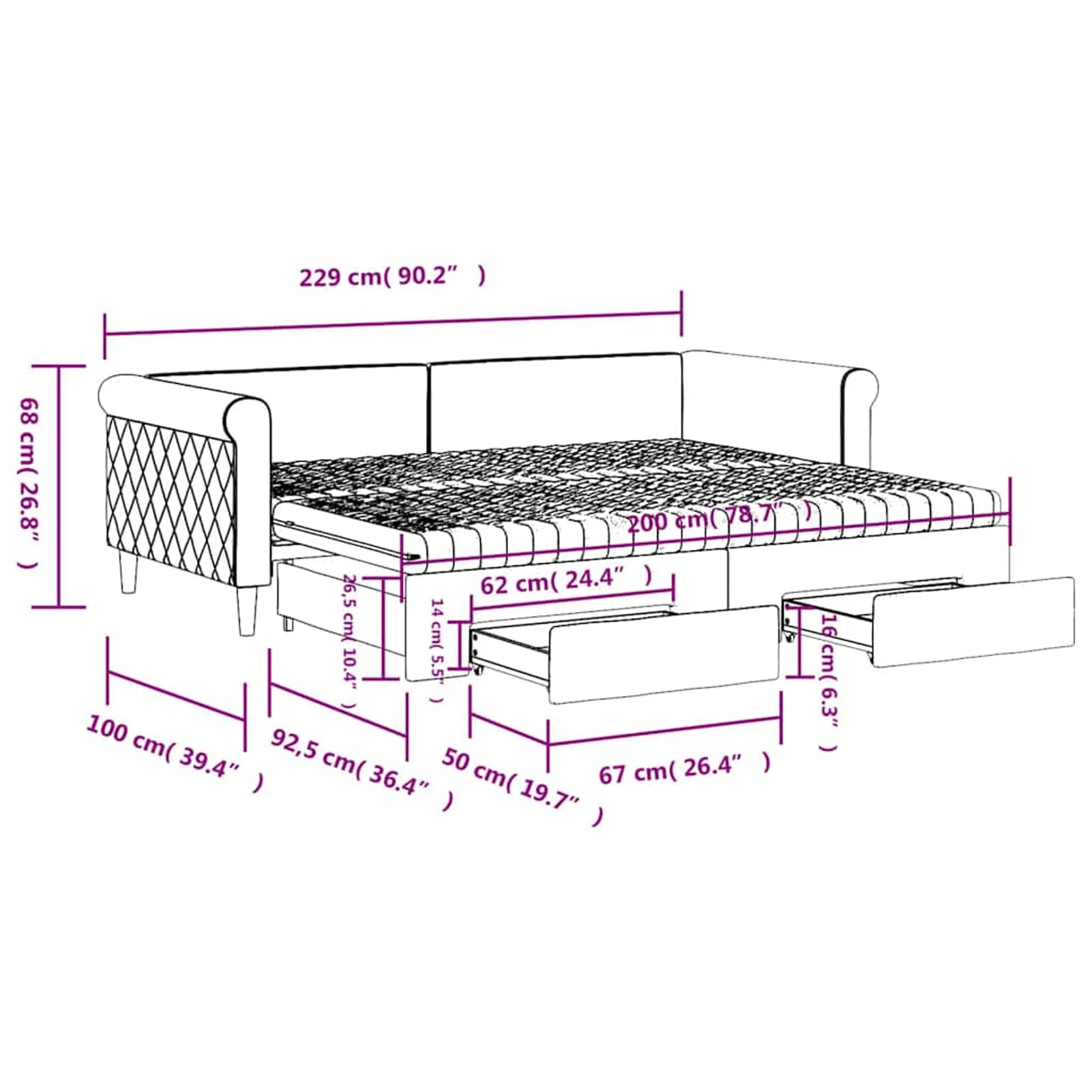 WGYHOME Łóżko dzienne wysuwane z szufladami, niebieskie, 90 x 200 cm, aksamitne – sofa do spania 2 w 1 z miejscem do przechowywania, materacem piankowym i stelażem do pokoju gościnnego, kolor