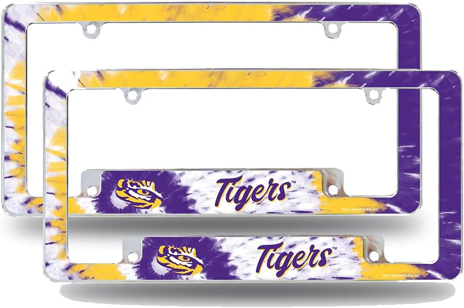 Louisiana State LSU Tigers Chrome Metal (Set of 2) License Plate Frames with Bold Tie Dye Design