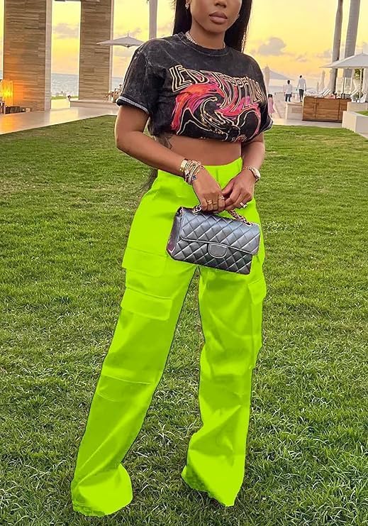 Satin Cargo Pants for Women High Waisted Multiple Pockets Wide Leg Trouser - Image 2