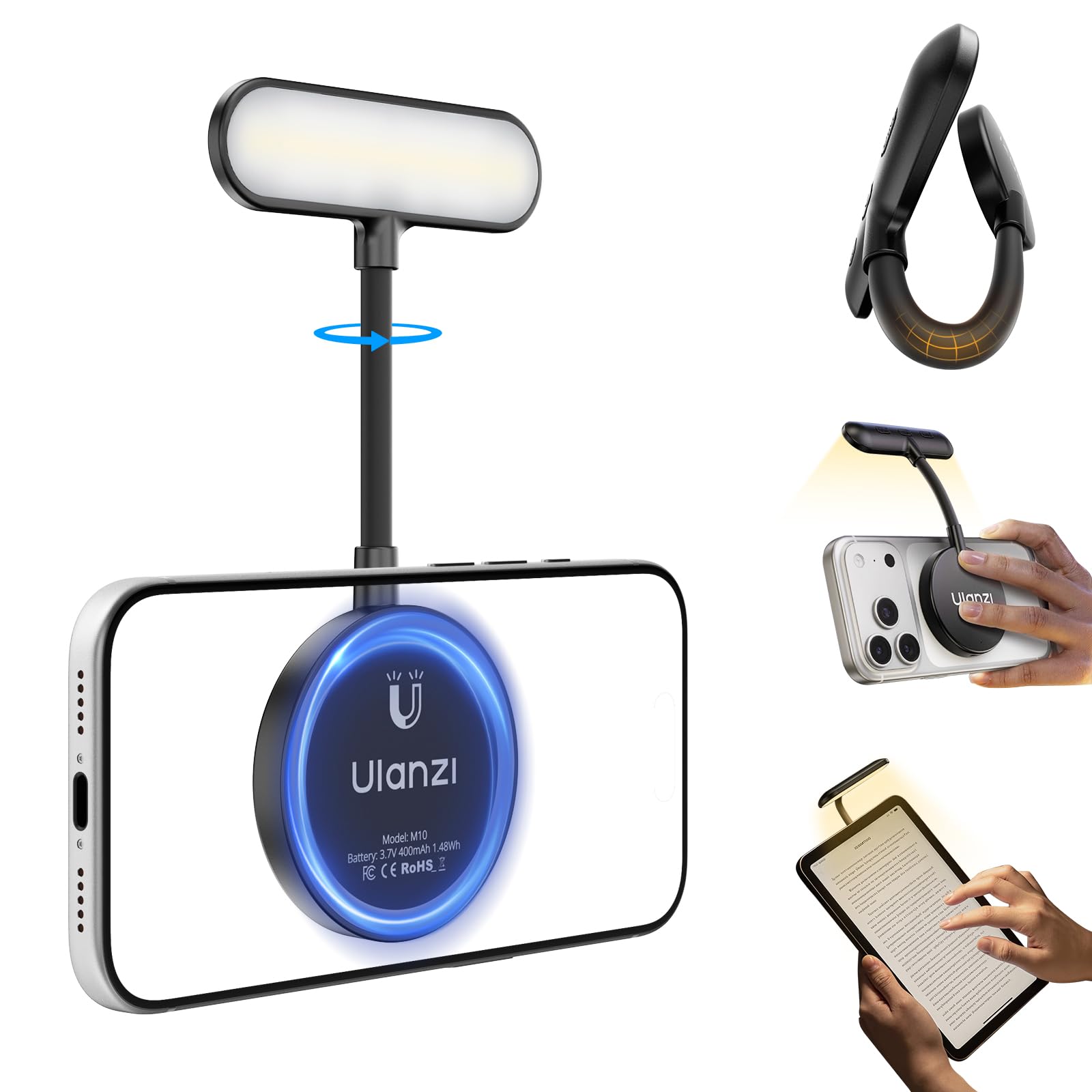 ULANZI M10 Magnetische Leseleuchte; Flexible LED Selfie Licht, Mini Handylicht mit 5-stufig dimmbarem warmweißem Licht als Buch und Kameraleuchte für iPhone/Android/Kindle