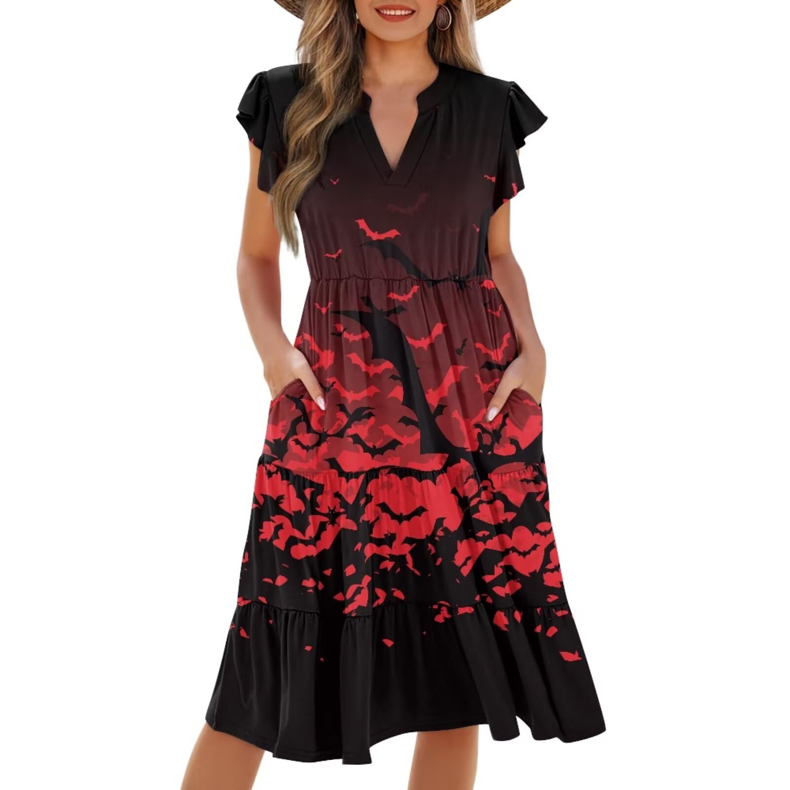 Womens Summer Dress Ruffle Sleeve V Neck Dress Casual Fit Flowy Beach Vacation Sundress with Pocket S-2XL