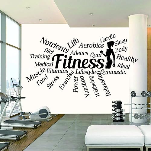 Miniatura 4 de ANFRJJI Calcomanía de pared de fitness, 18 x 33 pulgadas, calcomanía motivacional de PVC con palabras como entrenamiento, alimentos, potencia, sueño