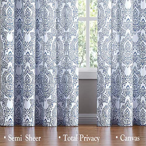 Fmfunctex White Blue Curtains For Living Room 84 Inch Long Vintage Damask Printed Window Curtain Panels For Bedroom Grommet Top Floral Pattern Draperies 2 Pcs #TOP4