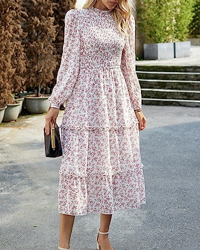 Image of NOLLSOM Women 2026 Spring Dress Floral Boho Dress Casual Long Sleeve Crew Neck Ruffle A-Line Flowy Wedding Guest Maxi Dresses