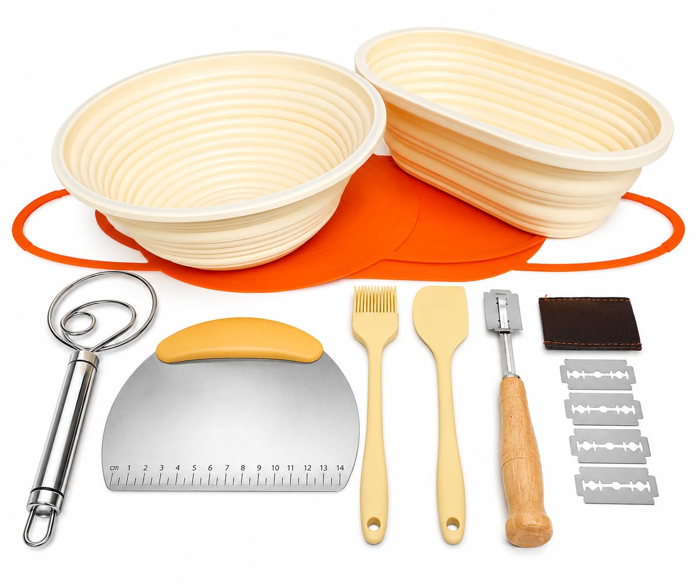 Juego completo para hornear pan de masa madre, cestas de silicona de anillo de acero con alfombrillas para hornear y herramientas de pastelería, kit completo de fabricación de pan artesanal para el