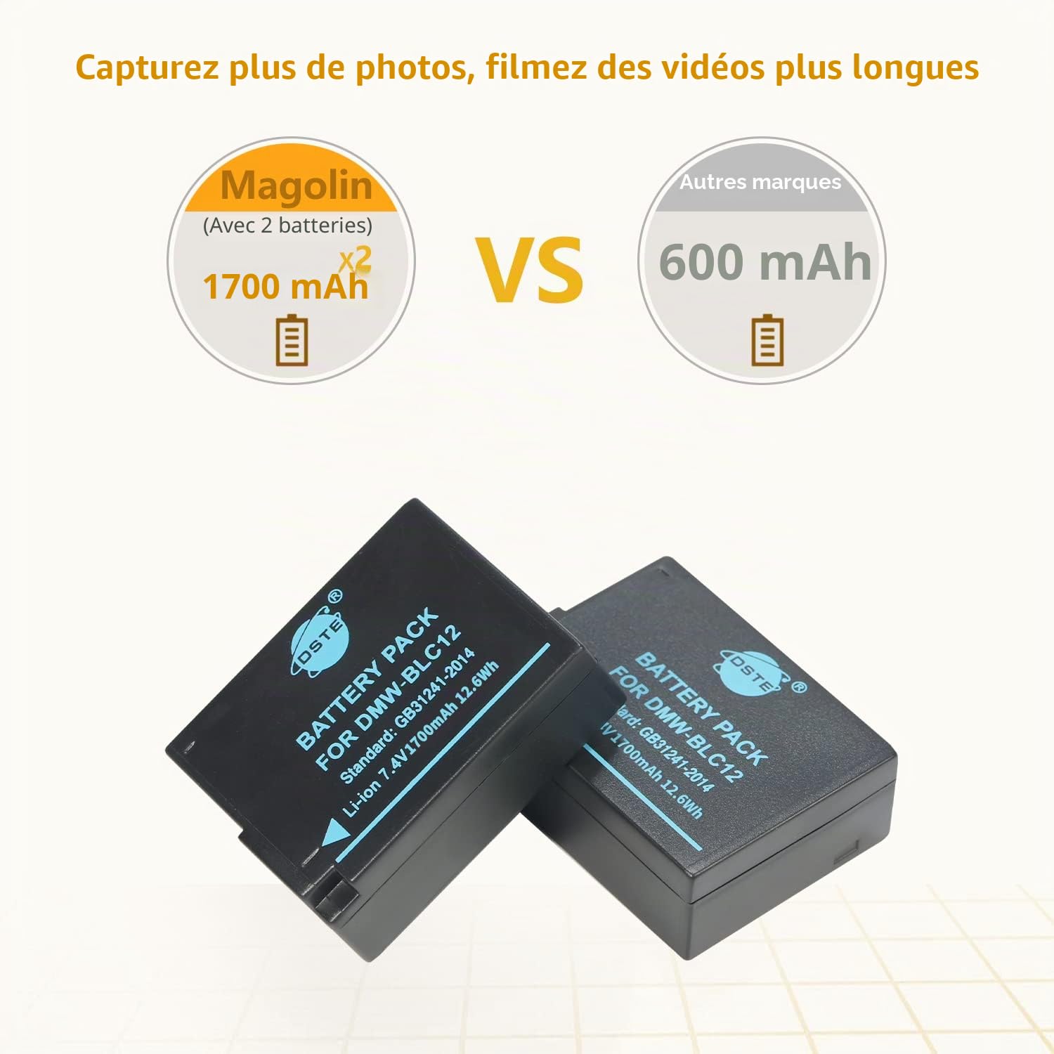 DSTE® Lot de 2 Batteries DMW-BLC12 DMW-BLC12e + kit de Chargeur Rapide Double USB pour appareils Photo Panasonic Lumix DMC-GH2 DMC-FZ330 DMC-FZ200 DMC-FZ200GK DMC-FZ1000 V-LUX4 Leica Q comme
