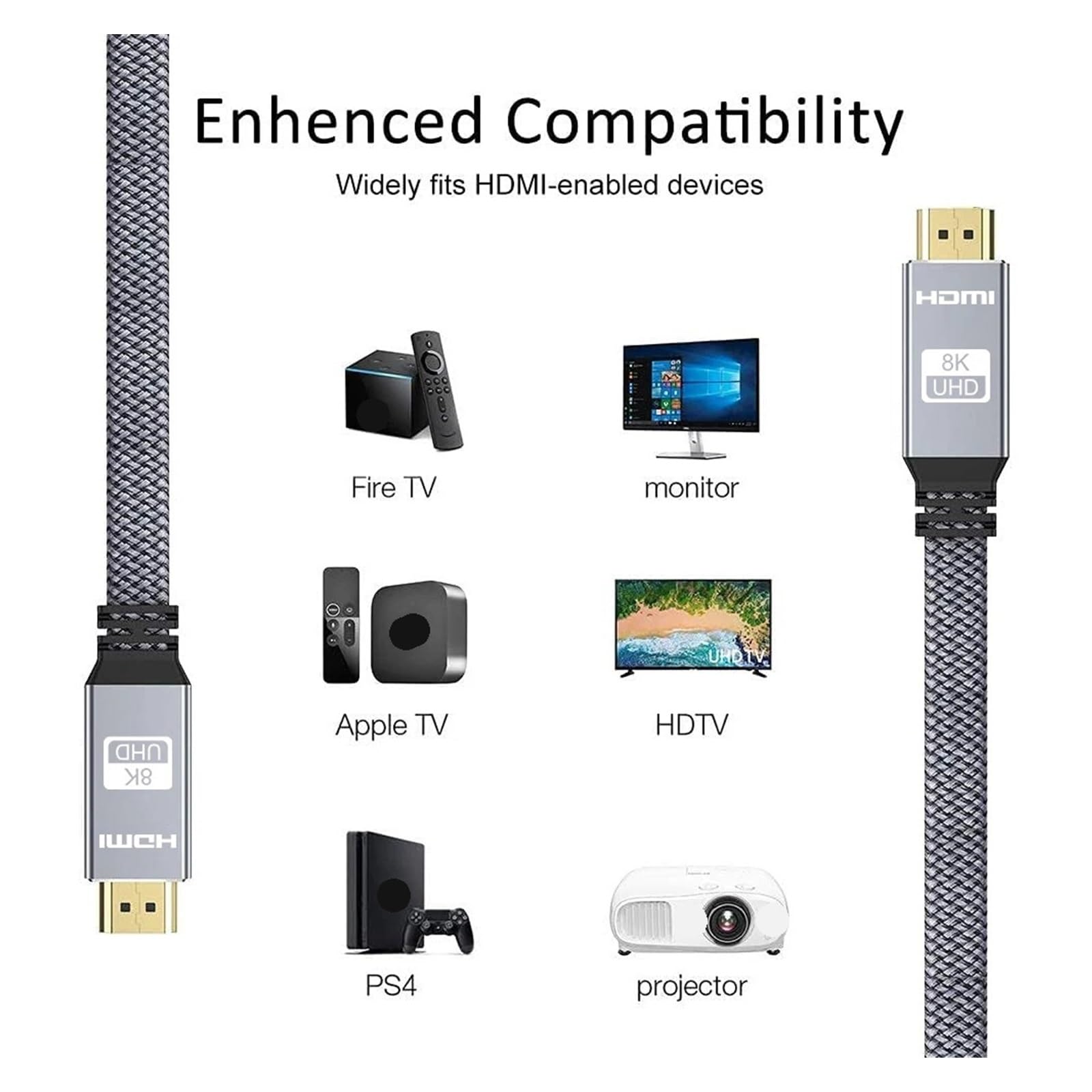 Câble Tressé HDMI 2.1 Plat 8K À 60 Hz 4K À 120 Hz 144 Hz, Haute Vitesse De 48 Gbit/s, 3D EARC HDCP 2.2 Et 2.3 Pris En Charge(6.6FT-2M-78.7inch)