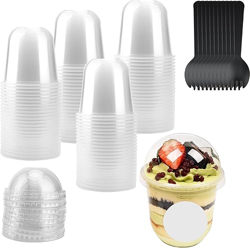 Paquete de 100 vasos de plástico transparente de 12 onzas con tapas de cúpula y tenedores, vasos desechables de postre con tapas, recipientes