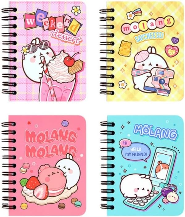 Molang MSGlobal 4 Pack Hard Cover Mini Ruled Spiral Notebook, Small Notepads 3.5x4, 4Designs, About 85 Pages Per Book
