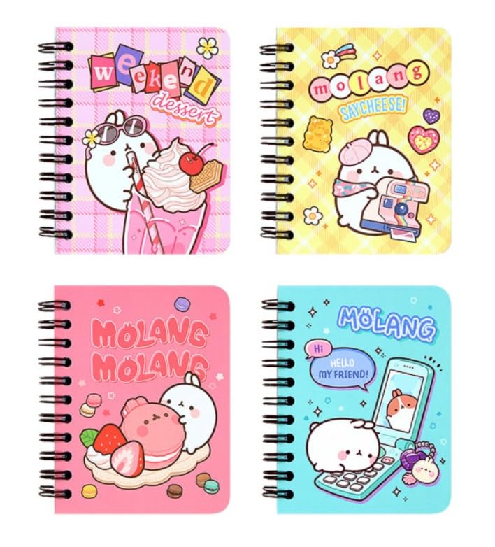 Molang MSGlobal 4 Pack Hard Cover Mini Ruled Spiral Notebook, Small Notepads 3.5x4, 4Designs, About 85 Pages Per Book