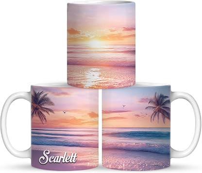 Personalized Beach Coffee Mug, Gift For Beach Lovers, Custom Nature Inspired Cup, Sunset Scene Full Wrap Mug, Customized Name Beach And Palm Tree Ceramic Cup, White Mug 11oz 15oz