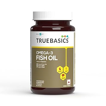 TrueBasics Omega 3 Fish Oil (60 Capsules) | Triple Strength with 1150mg Omega, 525mg EPA & 375mg DHA | For Healthy Heart, Eyes & Joints, 60 grams - image, photos